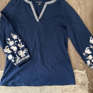 Lilly Pulitzer Navy Top with White Floral Embroidery